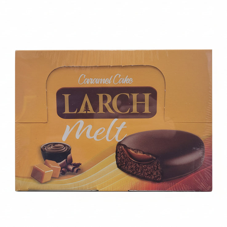 Larch Melt caramel cake packaging with a slice of cake and caramel elements.