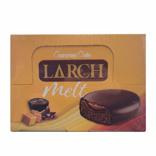 Larch Melt caramel cake packaging with a slice of cake and caramel elements.