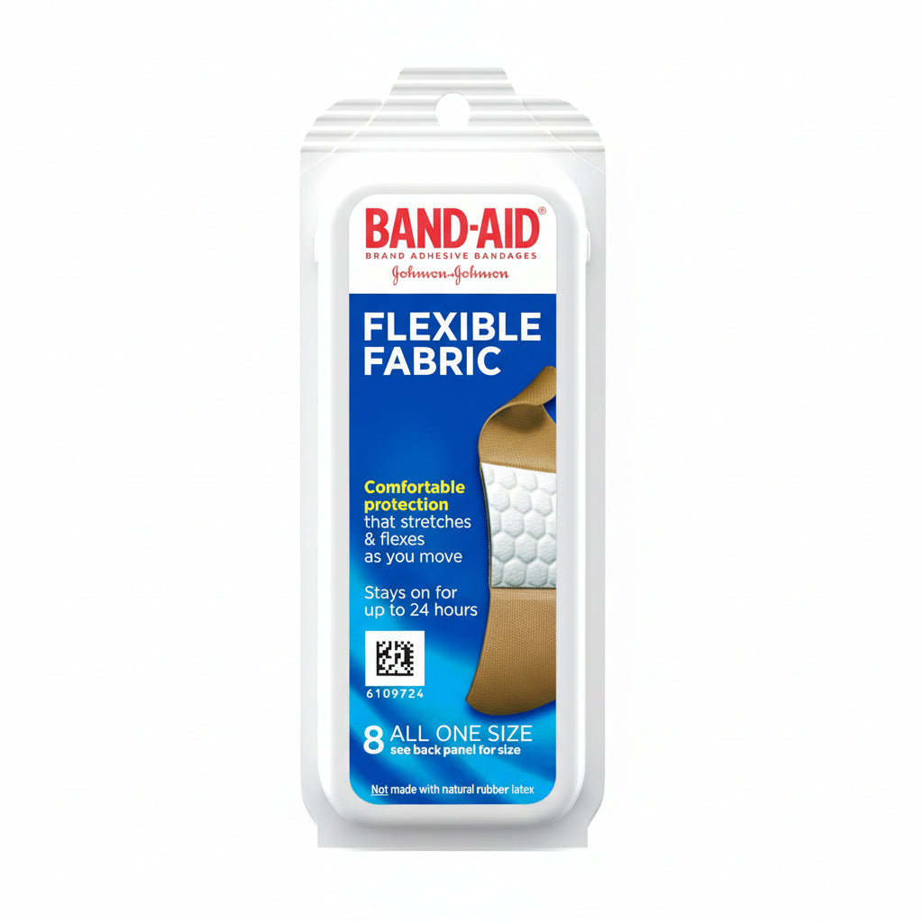 Pack of Band-Aid Flexible Fabric bandages on a white background