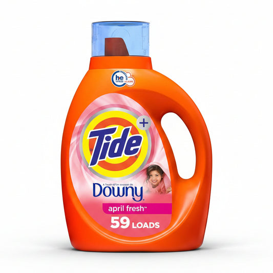 Tide laundry detergent bottle with Downy April Fresh scent on a white background