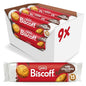 Box of Lotus Biscoff milk chocolate cookies with a close-up of a single package.