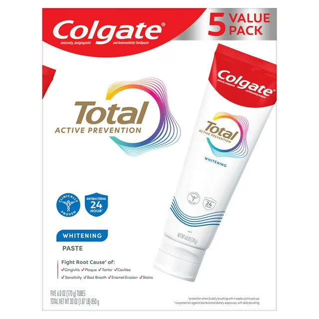 Colgate Total Active Prevention Whitening Toothpaste 6oz 5pk.