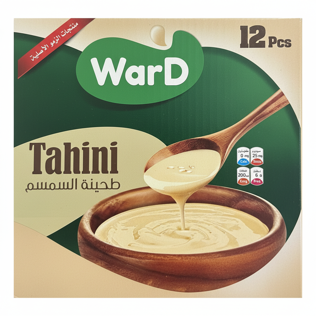 Box of WarD Tahini with a wooden spoon and bowl on a green background