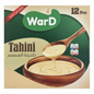 Box of WarD Tahini with a wooden spoon and bowl on a green background