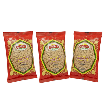 Packaged roasted and salted melon seeds with Baraka brand logo on a red background
