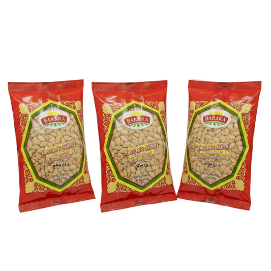 Packaged roasted and salted melon seeds with Baraka brand logo on a red background