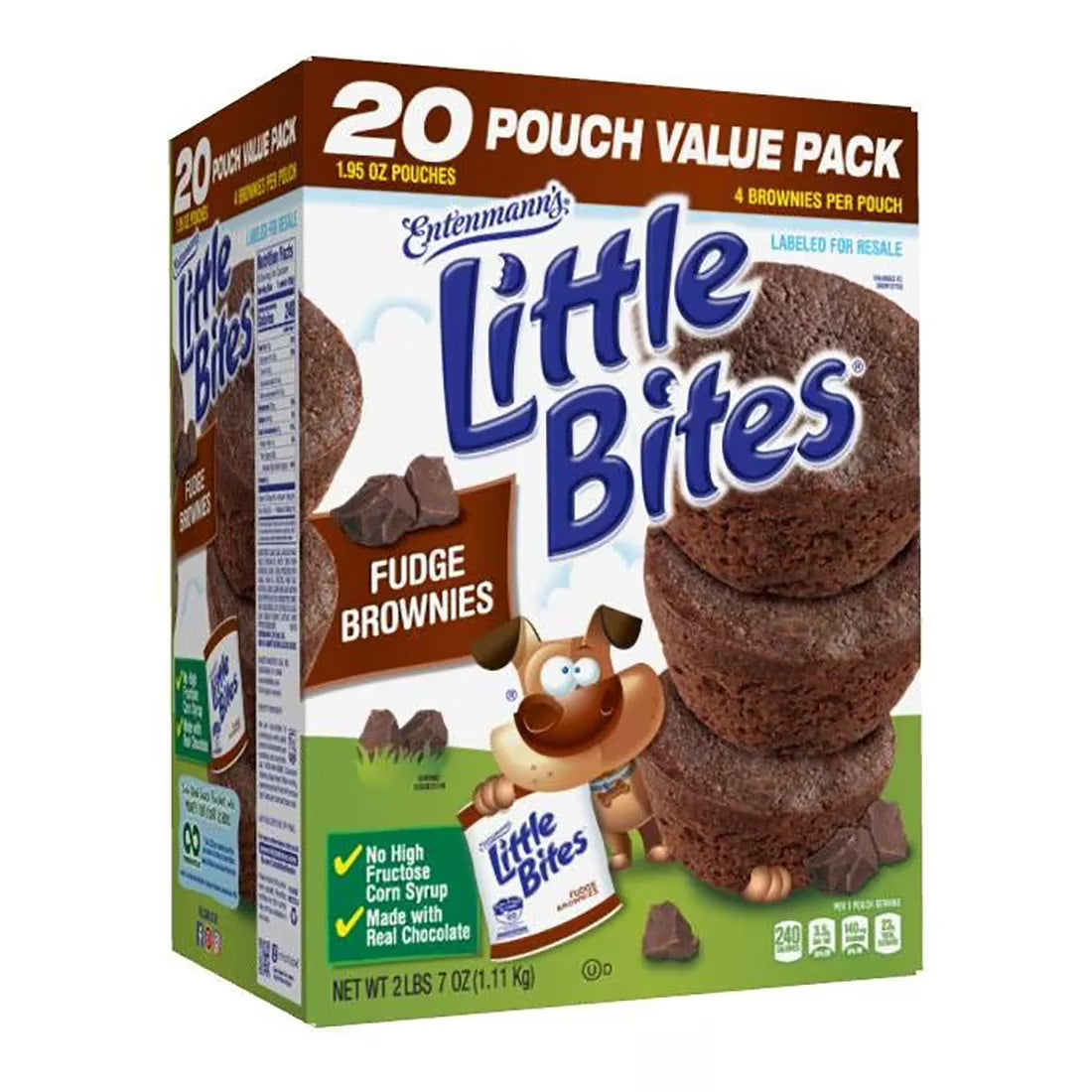 Box of Entenmann's Little Bites Fudge Brownies on a white background