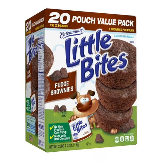 Box of Entenmann's Little Bites Fudge Brownies on a white background