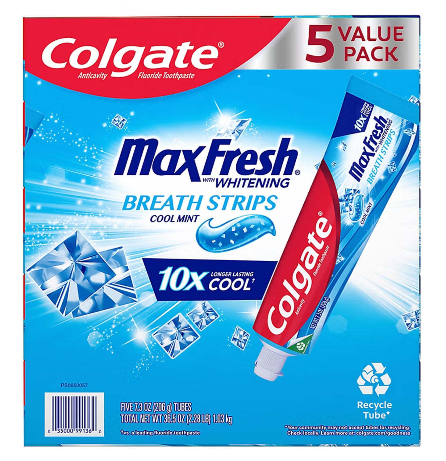 Colgate Max Fresh Toothpaste with Mini Breath Strips, Cool Mint, 5 pk./7.3 oz.