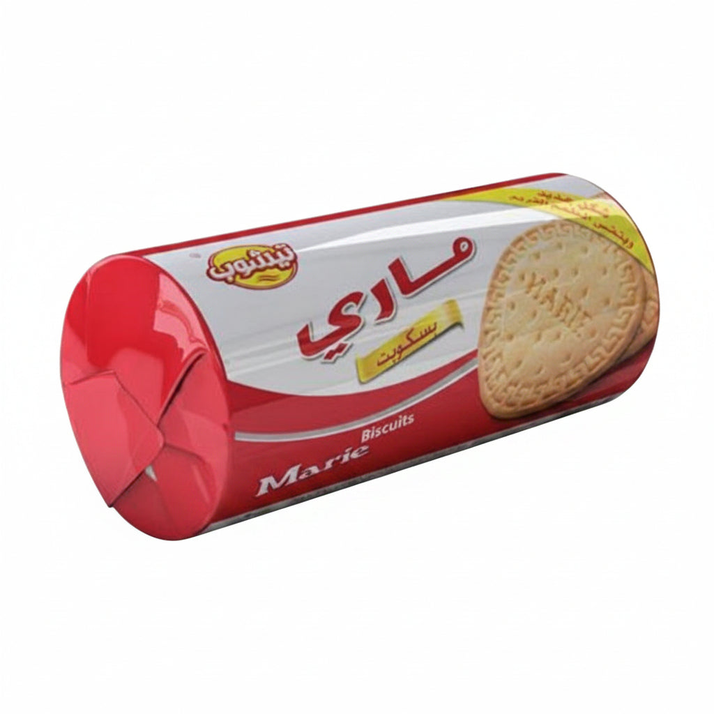 A packaged product of Teashop Marie Biscuits, with branding and a picture of the biscuits visible on the container.