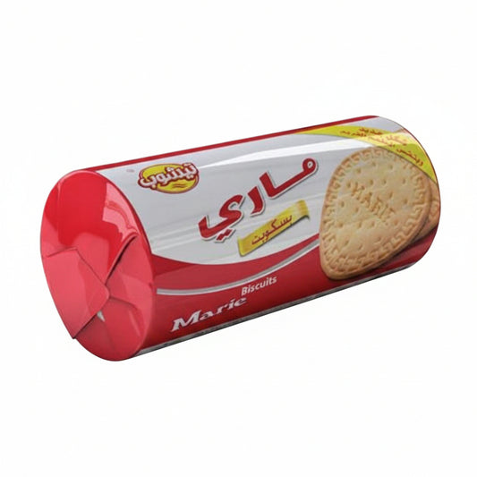 A packaged product of Teashop Marie Biscuits, with branding and a picture of the biscuits visible on the container.