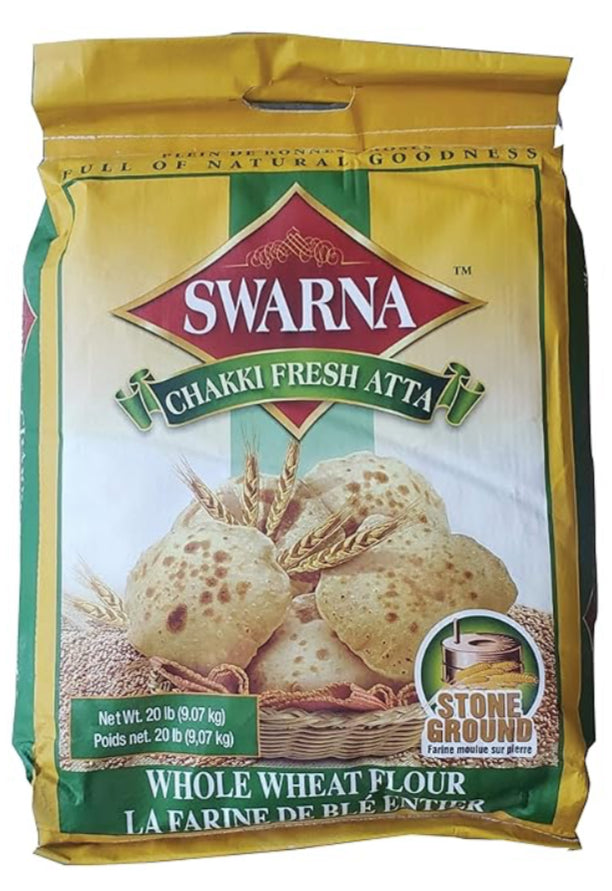 Swarna Chakki Atta Whole Wheat Flour 100% Vegetarian, (20lb)