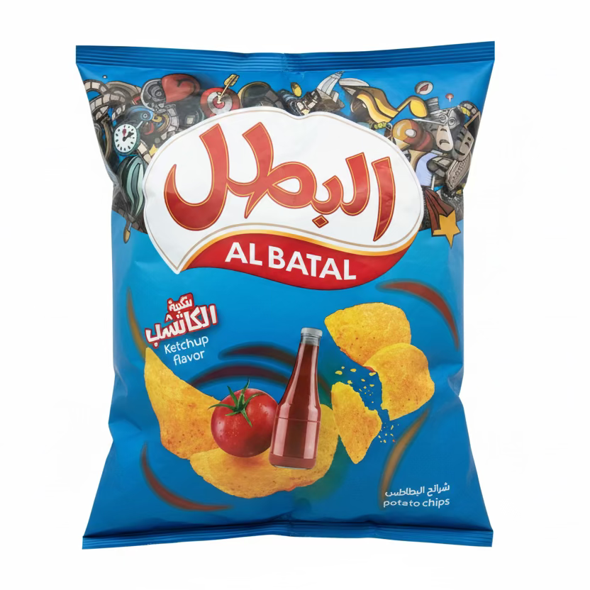 A packaged product with the brand name Al Batal prominently displayed, along with images of potatoes and ketchup, suggesting the product is a type of snack or food item.