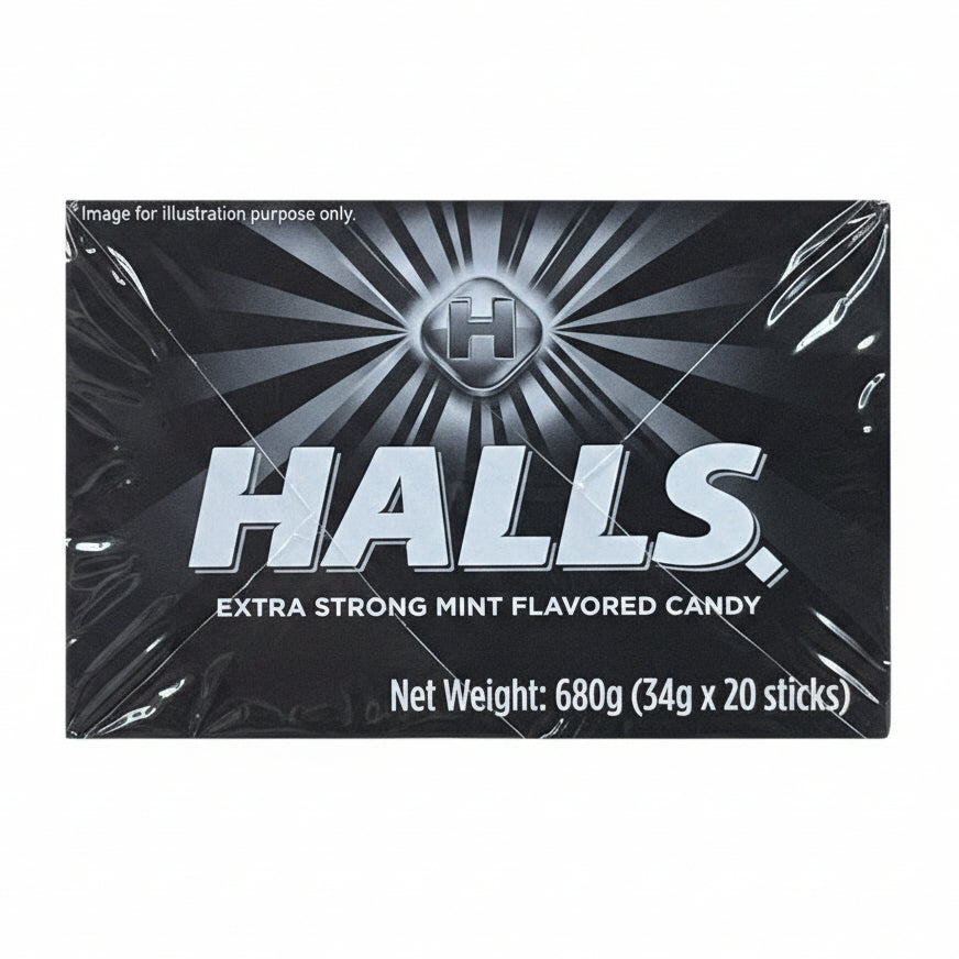 Packaging for Halls extra strong mint flavored candy, displaying the brand logo and product name, with a net weight indication of 680g (34g x 20 sticks).