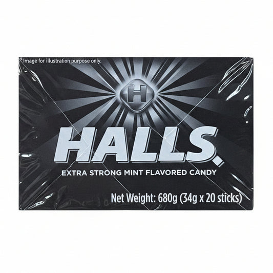 Packaging for Halls extra strong mint flavored candy, displaying the brand logo and product name, with a net weight indication of 680g (34g x 20 sticks).