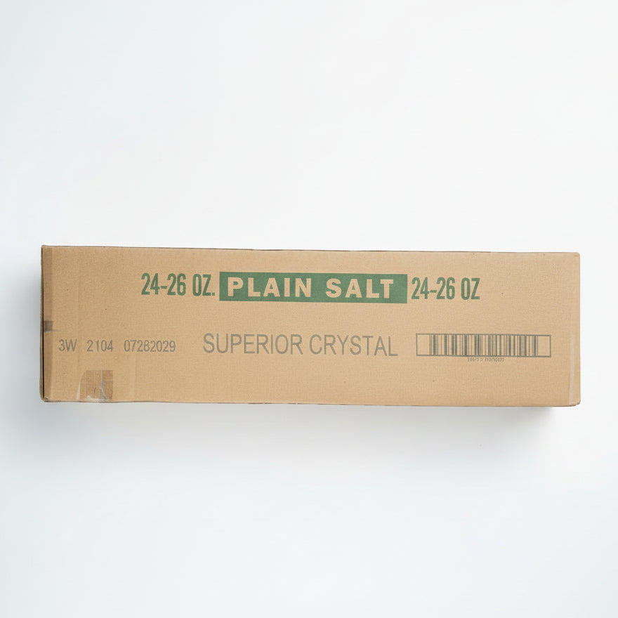 Cardboard box of plain salt on a white background