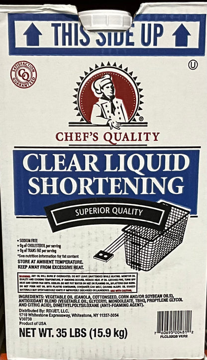 Chef's Quality Clear Liquid Shortening, 35 Pound