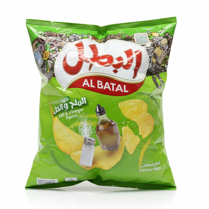 A bag of Albatal natural potato chips with salt and vinegar flavor.