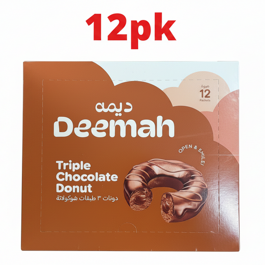 Box of Deemah Triple Chocolate Donuts with '12pk' text on a white background
