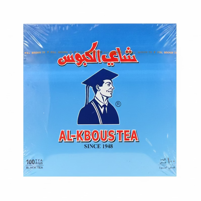 A pack of ALKABOUS black tea bags with a graphic of a man in a graduation cap and the text 'AL-KABOUS SINCE 1988'.