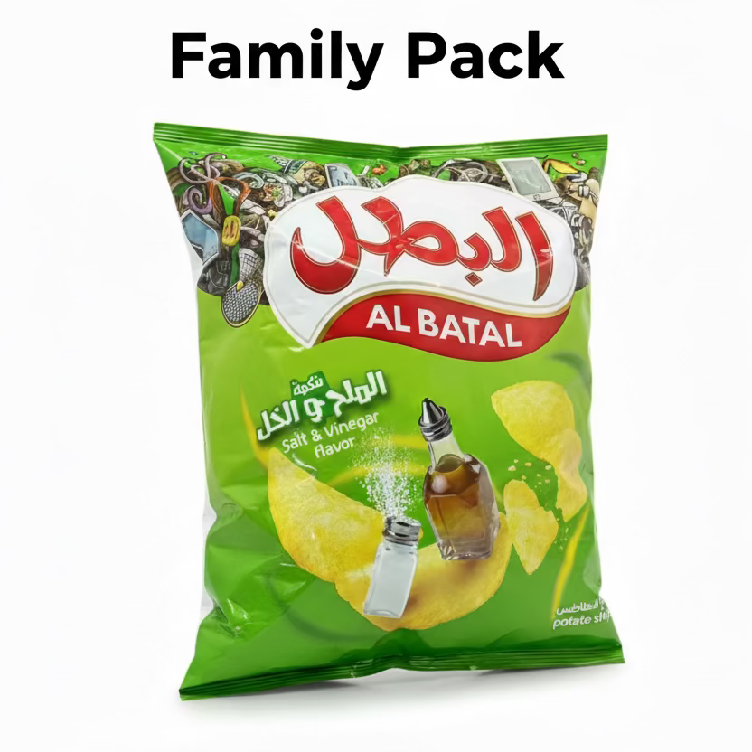 A packaged snack with the brand Albatal visible on the bag, which is labeled as 'Salt & Vinegar flavor'. The bag contains multiple potato chips.