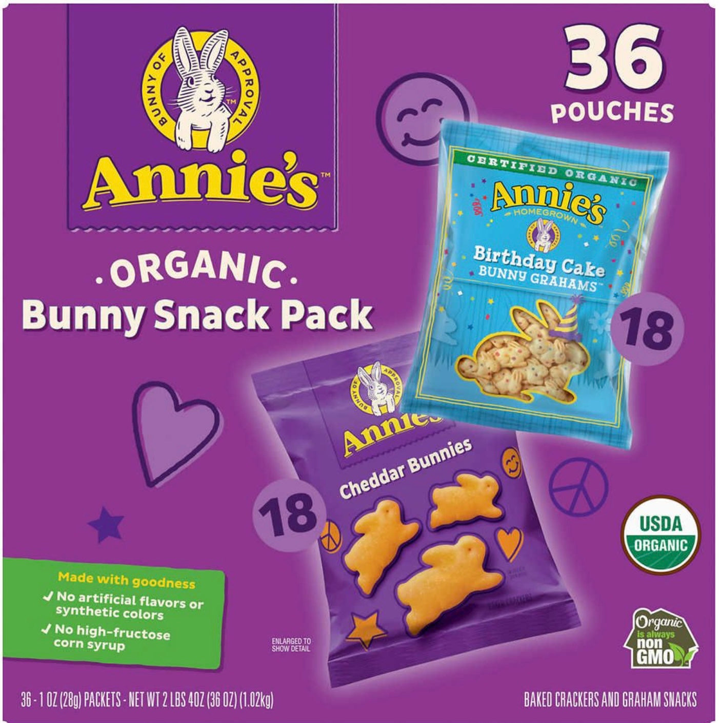 Annie's Organic Bunny Snack Pack Baked Crackers and Graham Snacks, Variety Pack, 1.07 oz, 36ct