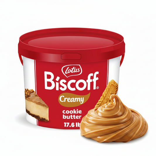 Red container of Lotus Biscoff creamy cookie butter with a cookie and cheesecake slice on a white background