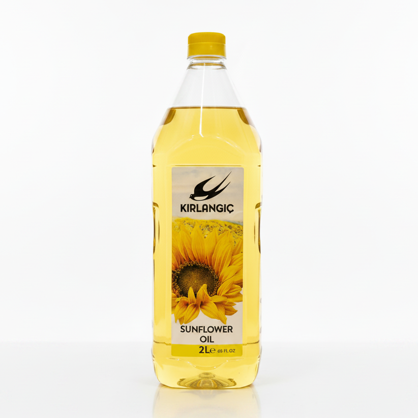 Bottle of Kirlangic sunflower oil with a yellow label on a white background