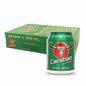 A case of 24 cans of Carabao energy drink, each can is 250ml. The packaging is predominantly green with an image of a carabao (water buffalo) and the branding information.