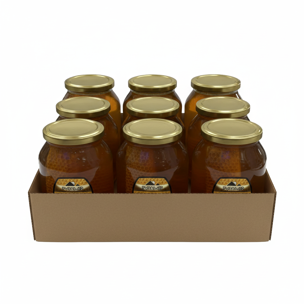Jar of Pyramid Pure Honey with Comb on a white background