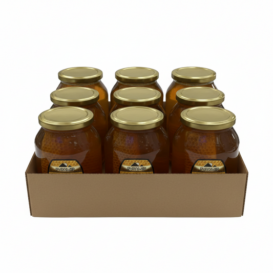Jar of Pyramid Pure Honey with Comb on a white background