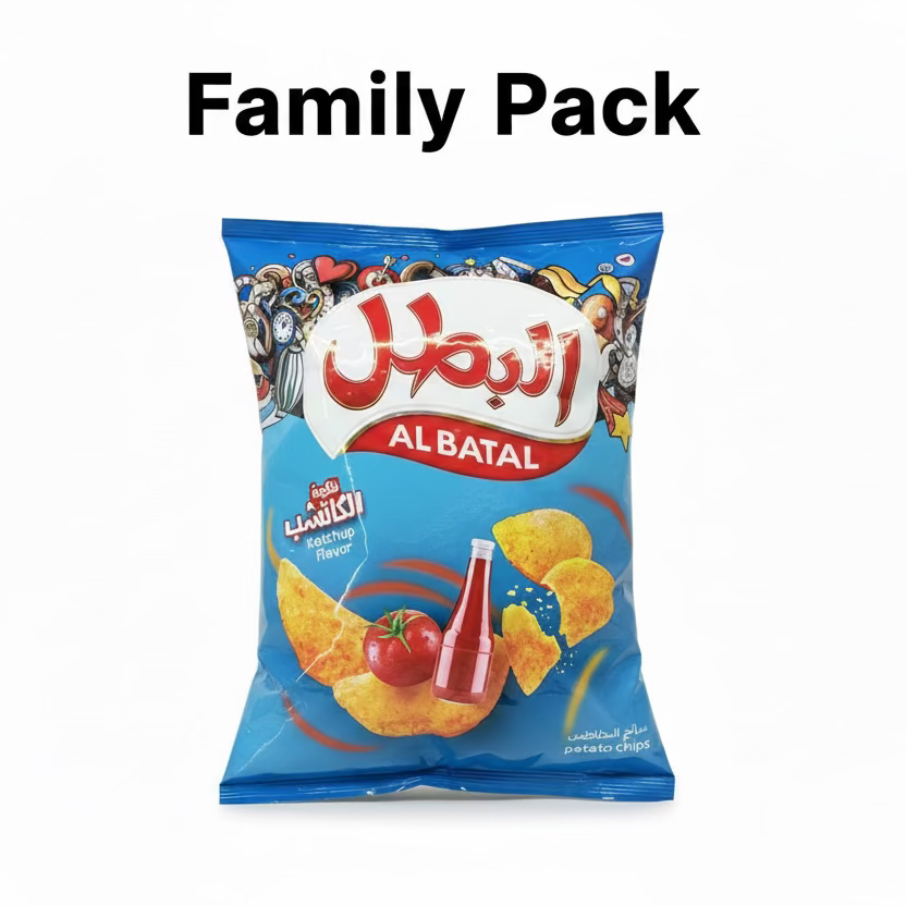 A bag of Albatal natural potato chips with ketchup flavor, featuring an image of the chips and a ketchup bottle on the front.