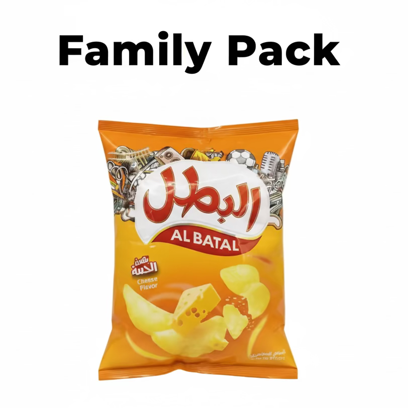 A packaged snack with the Albatal brand visible, predominantly orange in color with images of the product, which appears to be cheese-flavored potato chips, displayed prominently.