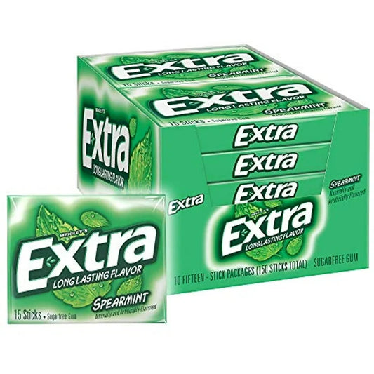 Extra Gum Spearmint Sugar free Chewing Gum, 15pcs 10pack