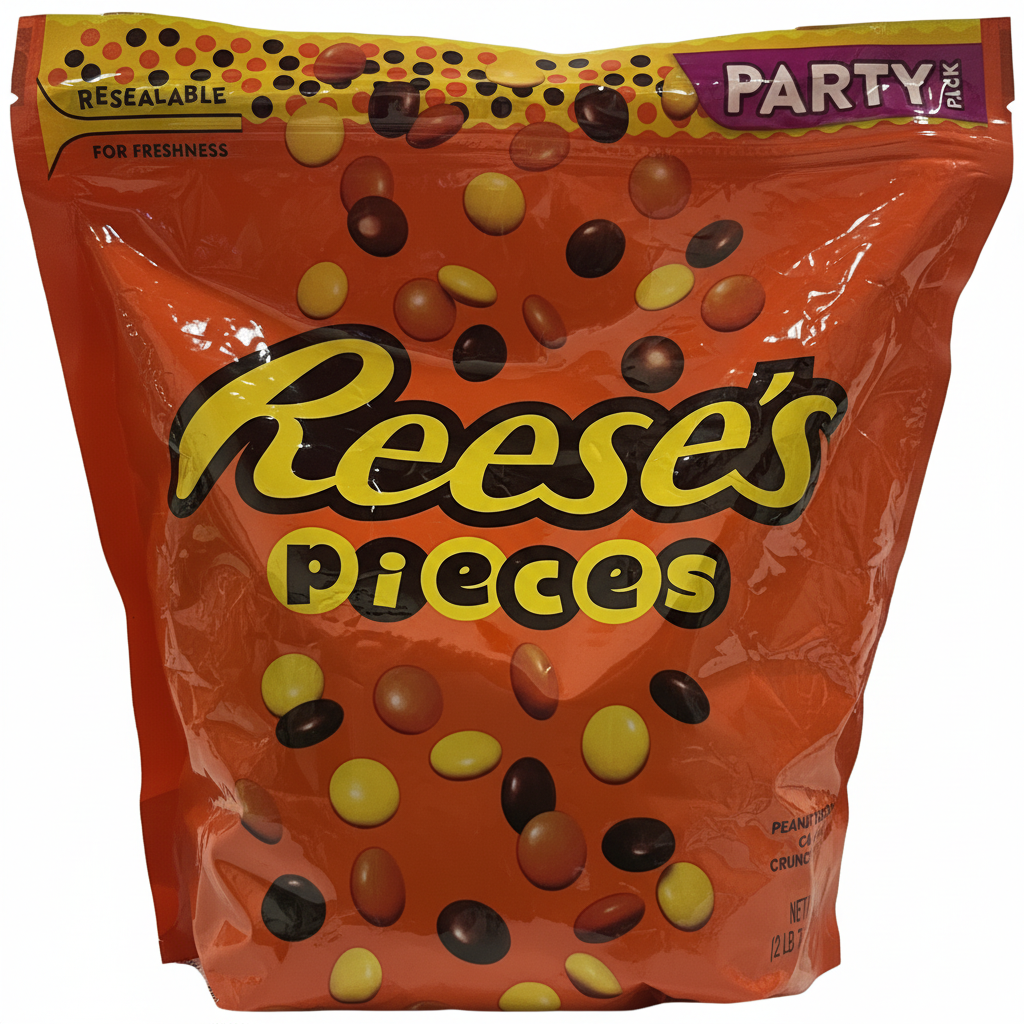 A bag of Reese's Pieces candies against a white background.