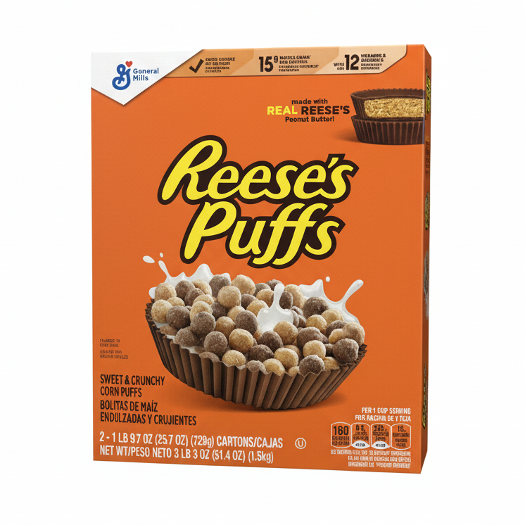 Box of Reese's Puffs cereal, family size 1.5 kg, with a picture of the cereal bowl on the front.