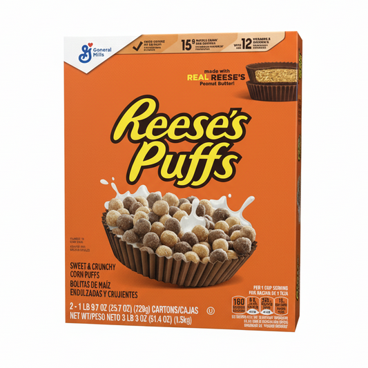 Box of Reese's Puffs cereal, family size 1.5 kg, with a picture of the cereal bowl on the front.