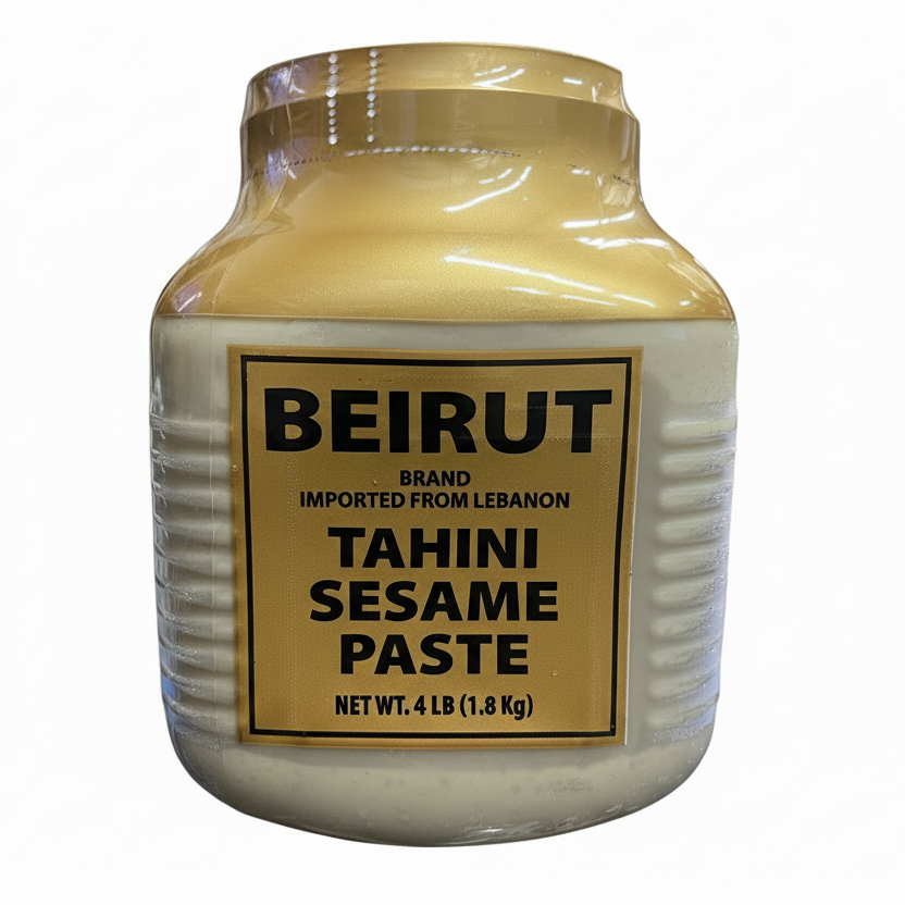 A plastic jar of Beirut brand Tahini Sesame Paste, 4 lbs in weight, with a predominantly white label and a gold accent.