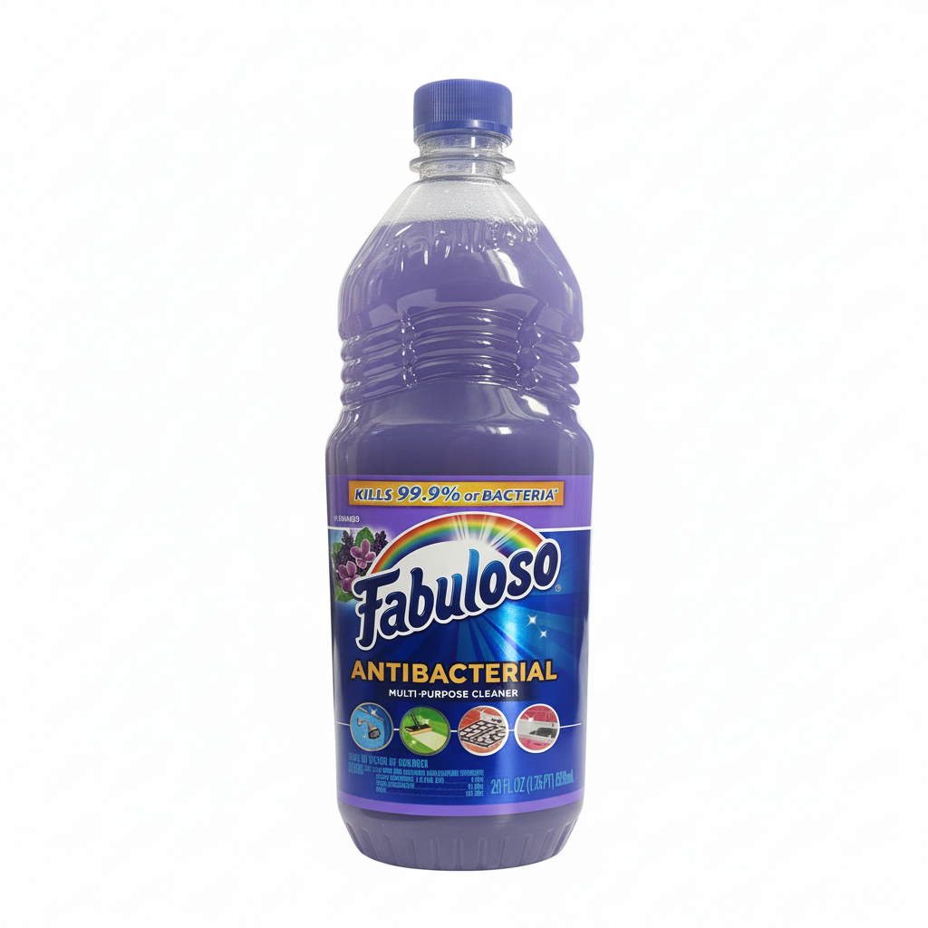 A bottle of Fabuloso Antibacterial cleaning product, 28 oz size, with a blue label and cap.