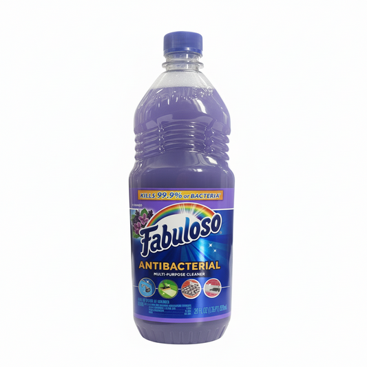 A bottle of Fabuloso Antibacterial cleaning product, 28 oz size, with a blue label and cap.