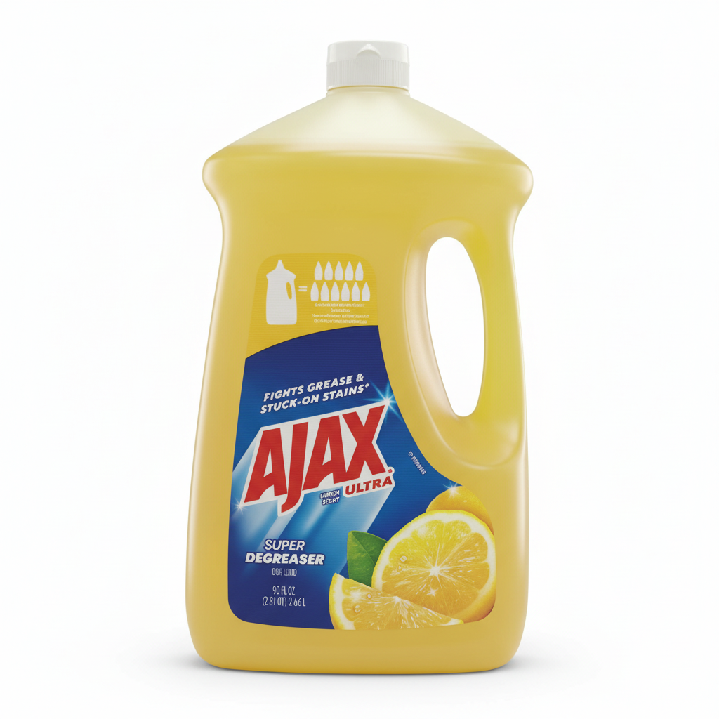 A bottle of Ajax Ultra Lemon Super Degreaser with a yellow label featuring an image of a lemon.