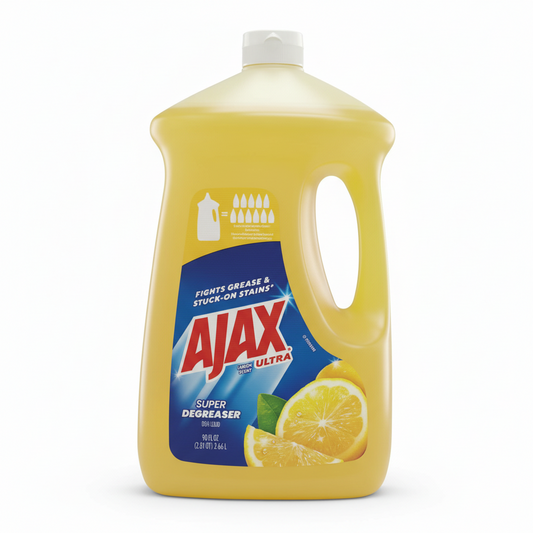 A bottle of Ajax Ultra Lemon Super Degreaser with a yellow label featuring an image of a lemon.