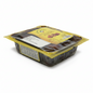 Packaged food item with a yellow lid on a white background