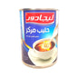 Can of Liwa Hor milk powder with a cup of coffee on a white background
