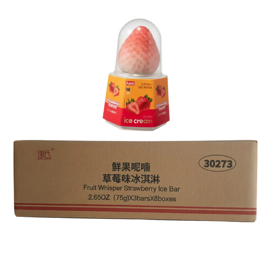 Strawberry ice cream bar with packaging and a cardboard box on a white background