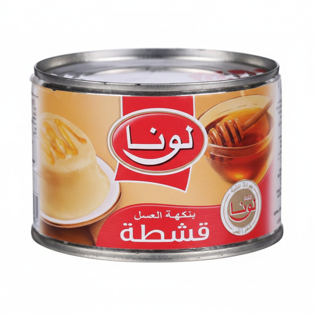 Can of Luna honey with Arabic text on a white background