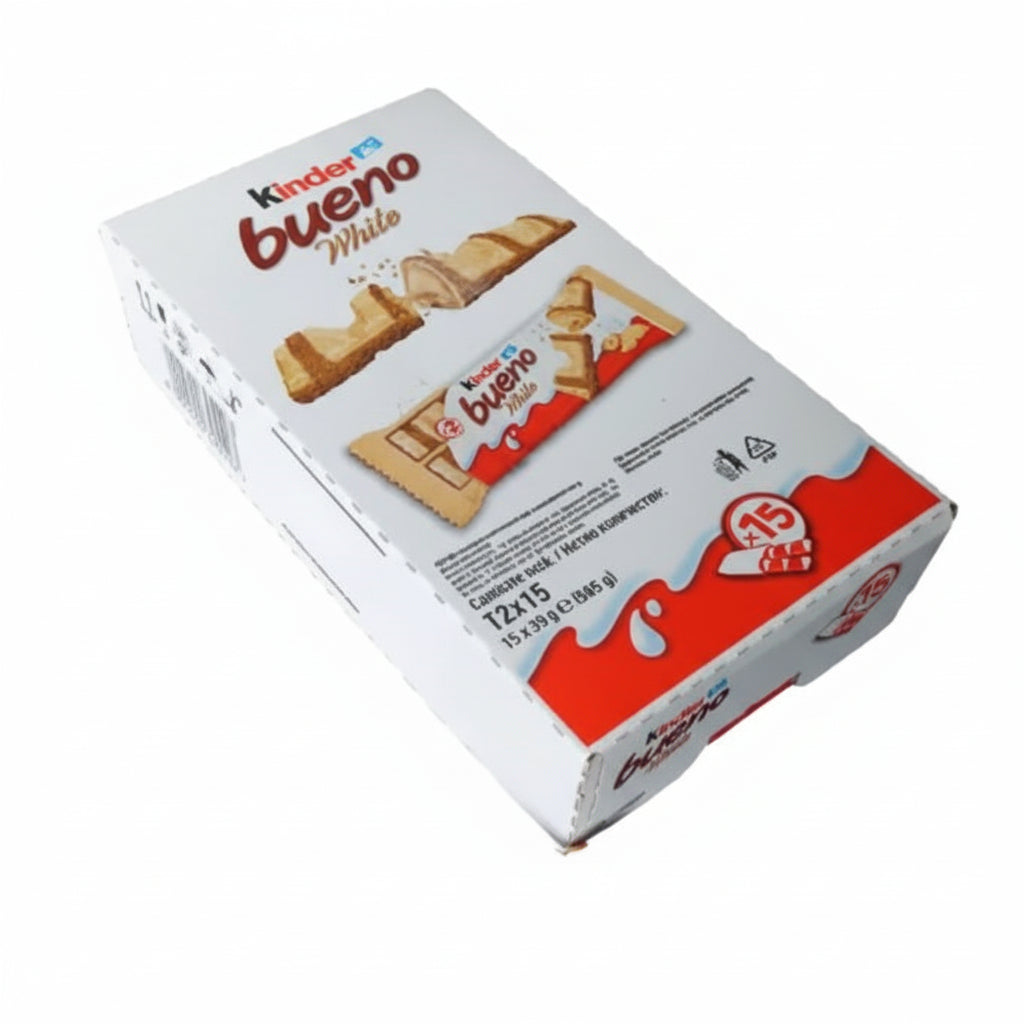 Kinder bueno white chocolate bars with packaging on a white background