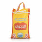Yellow rice bag with red logo and text on a white background
