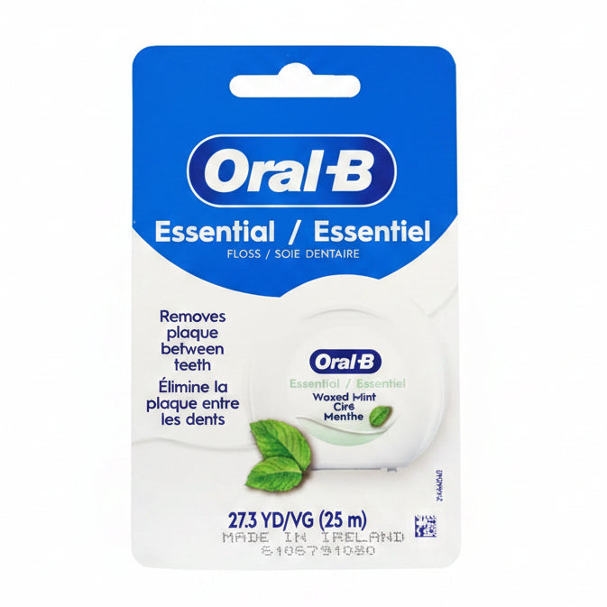 Oral-B Essential dental floss packaging with blue and white design.