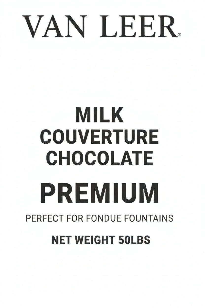 A 50 lbs bulk package of Sephira Milk Couverture Chocolate Premium fountain water, wrapped in clear plastic with a large white label in the center.